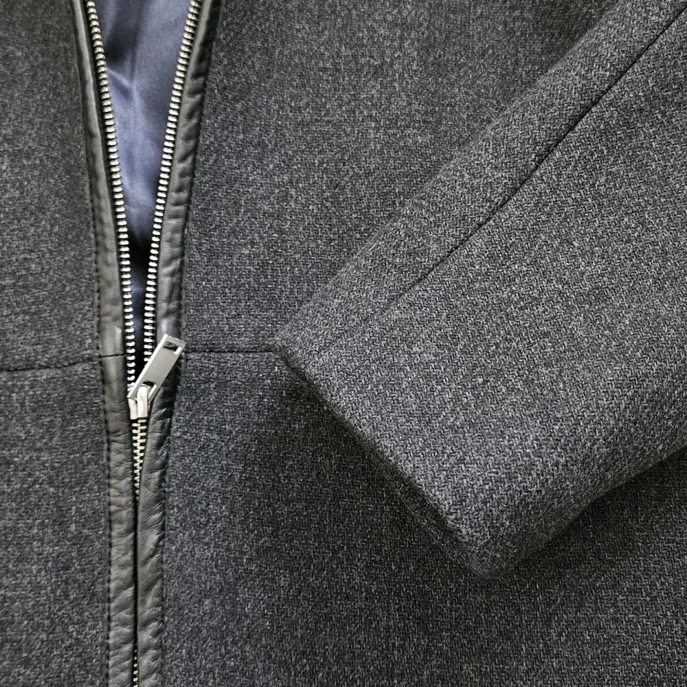 J. Crew Stadium Cloth Dark Gray Wool Blend Hooded Leather Trimmed Coat - Picture 4 of 11